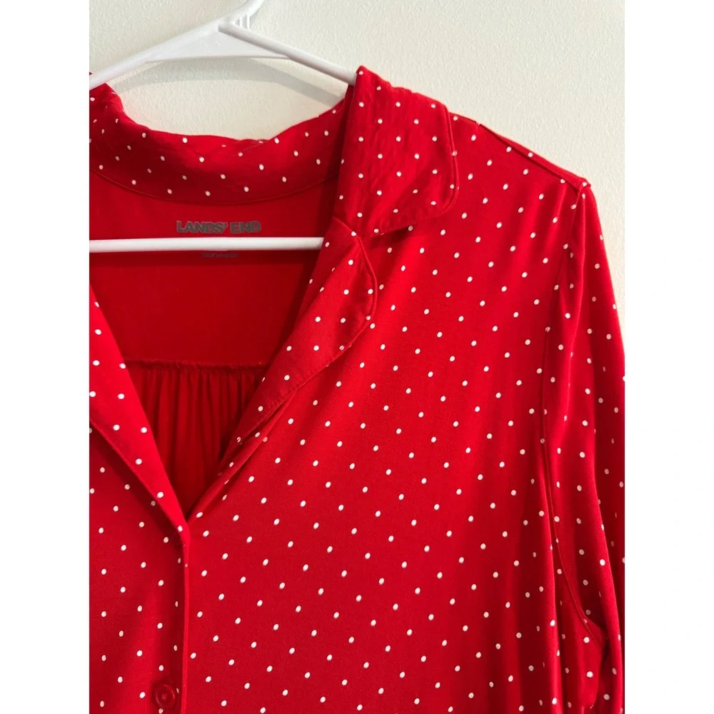 Lands' End‎ Polka Dot Pajama Top Women Size S Red Button Front Long Sleeve